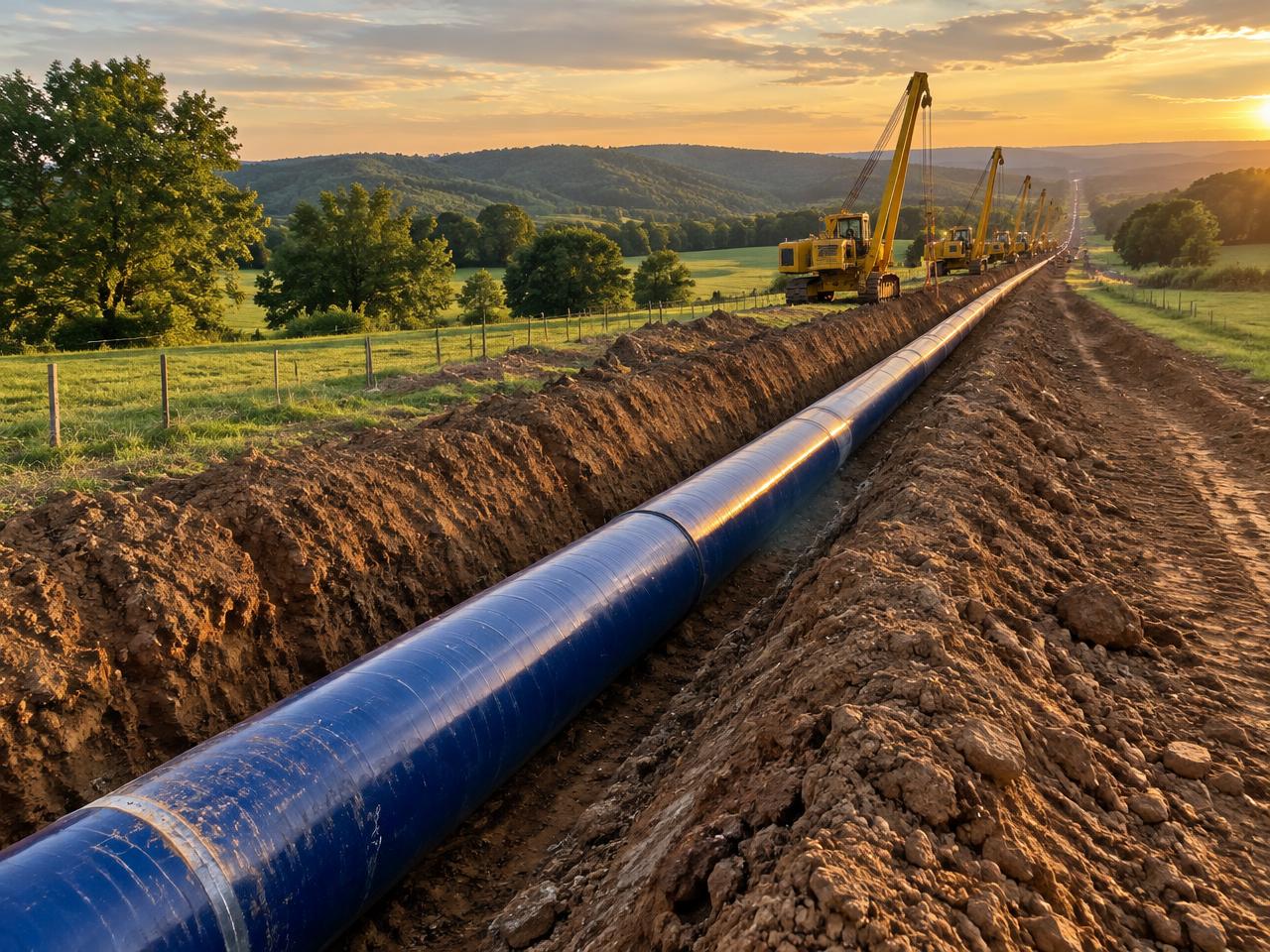 Blue water pipeline laid in a long trench through green countryside